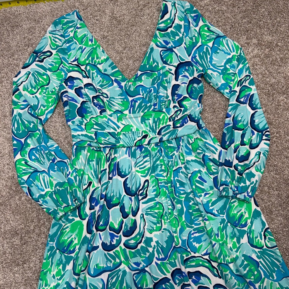 Lilly Pulitzer Blue Green Floral V-Neck Long Sleeve Dress